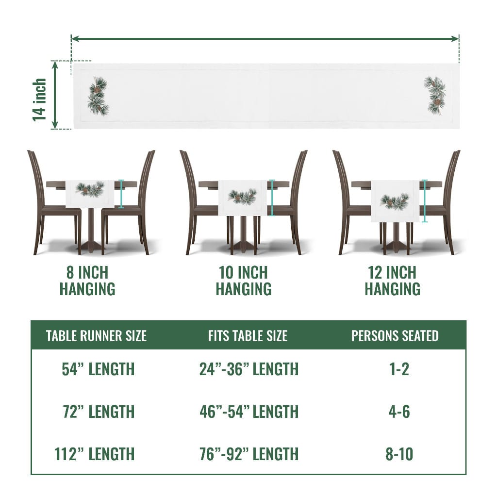 Pine Cone Branch Embroidered Hemstitch Table Runner | White - Brio