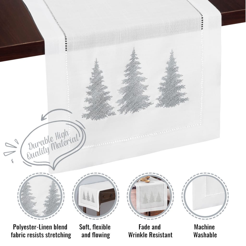 Silver Winter Trees Embroidered Hemstitch Table Runner | White