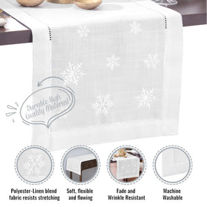 Snowflake Embroidered Hemstitch Table Runner | White