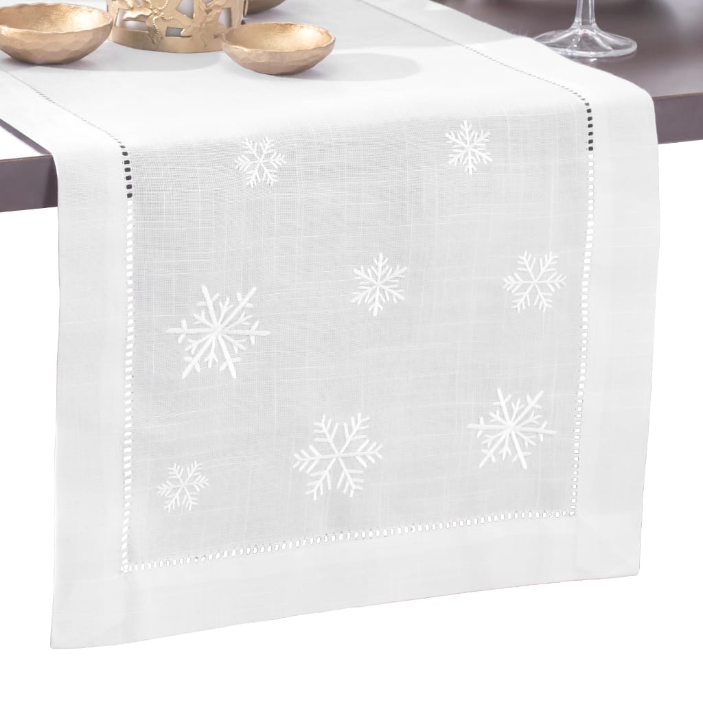 Snowflake Embroidered Hemstitch Table Runner | White