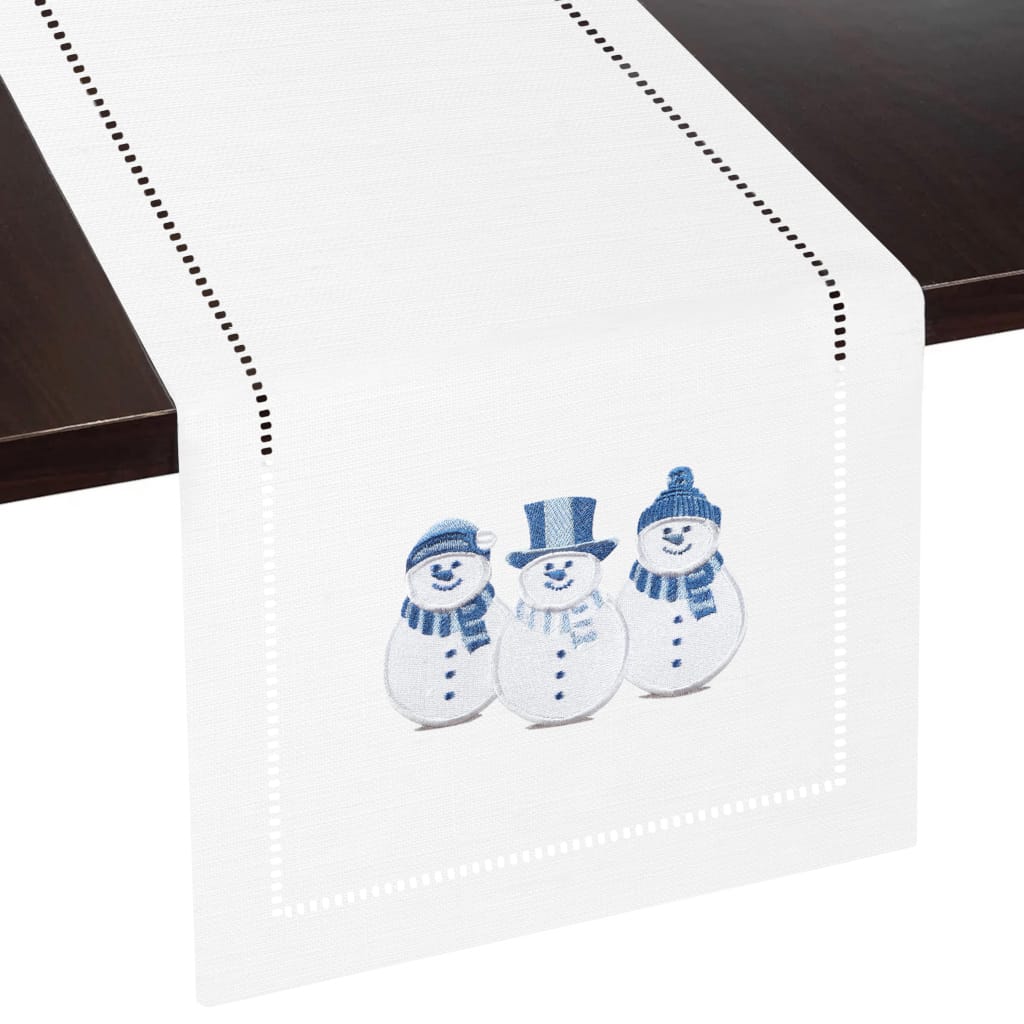 Snowman Embroidered Hemstitch Table Runner | White