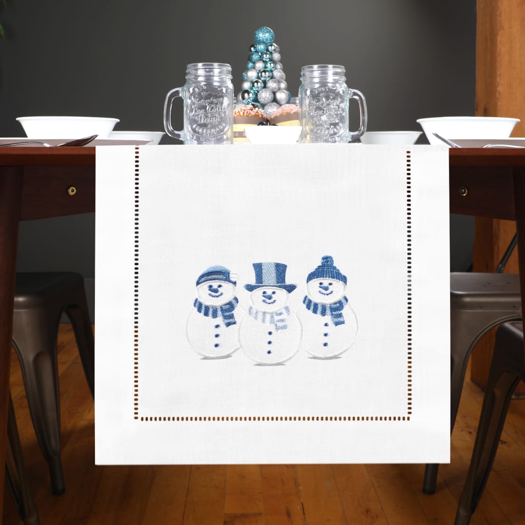 Snowman Embroidered Hemstitch Table Runner | White