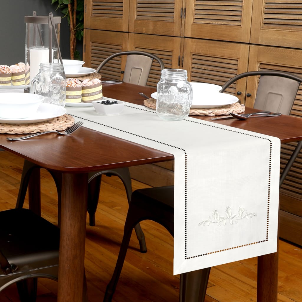 Rose Embroidered Hemstitch Table Runner | Off White