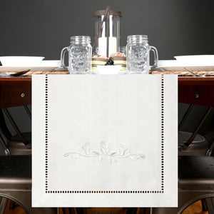 Rose Embroidered Hemstitch Table Runner | Off White