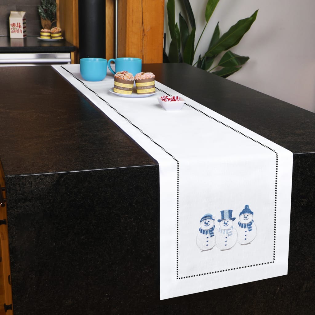 Snowman Embroidered Hemstitch Table Runner | White