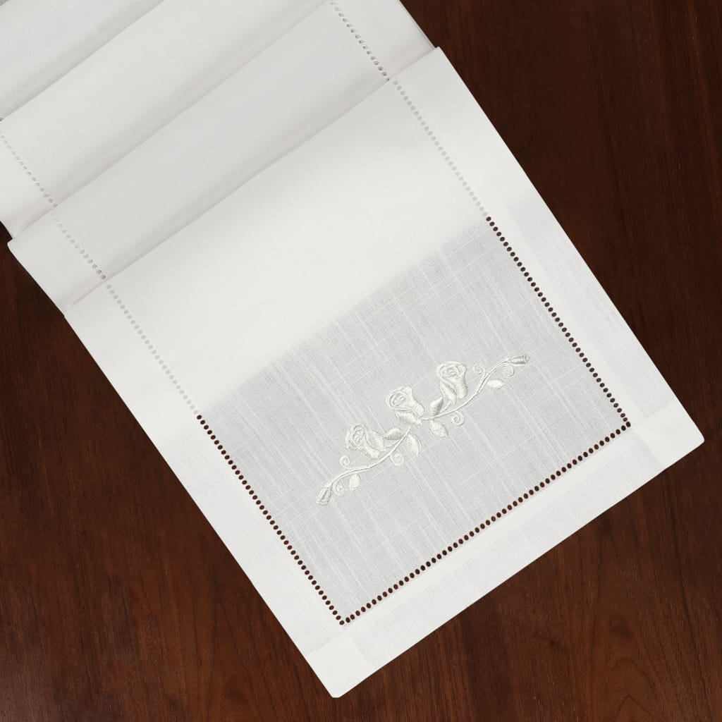 Rose Embroidered Hemstitch Table Runner | Off White