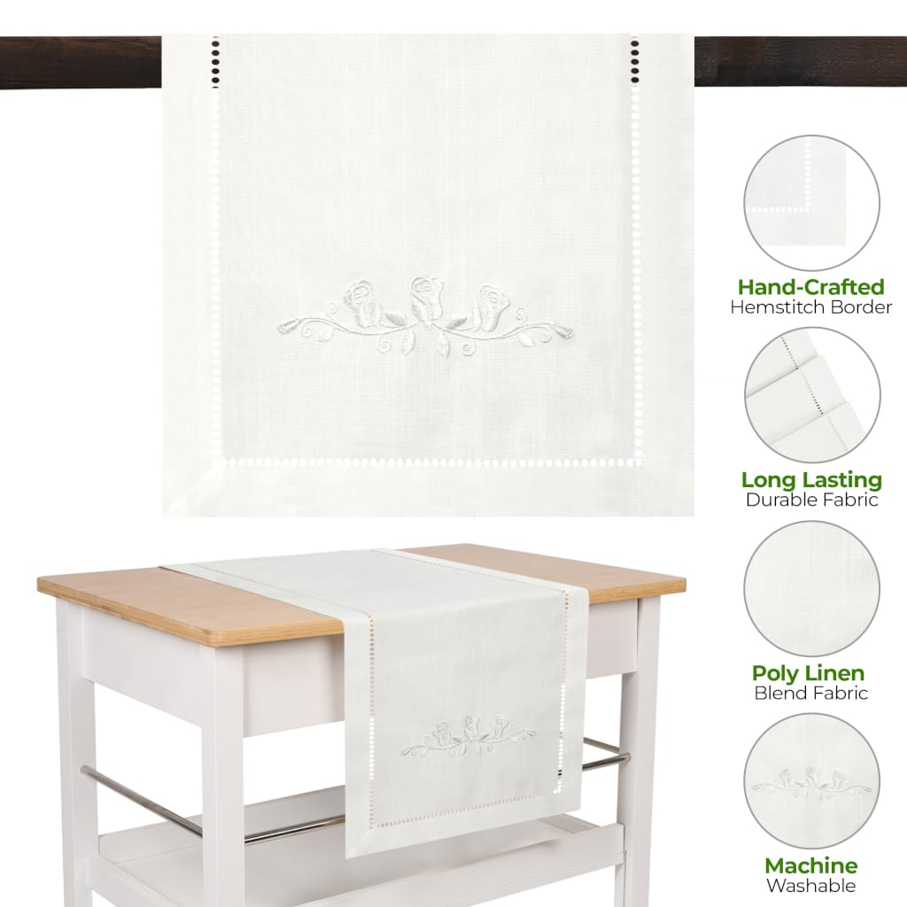 Rose Embroidered Hemstitch Table Runner | Off White