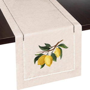 Lemon Branch Embroidered Hemstitch Table Runner | Natural Beige