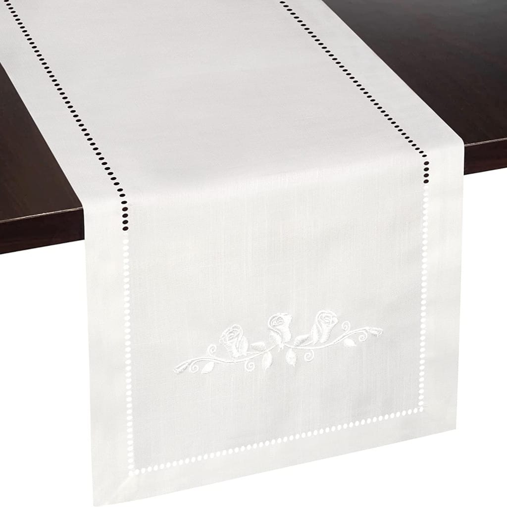 Rose Embroidered Hemstitch Table Runner | Off White