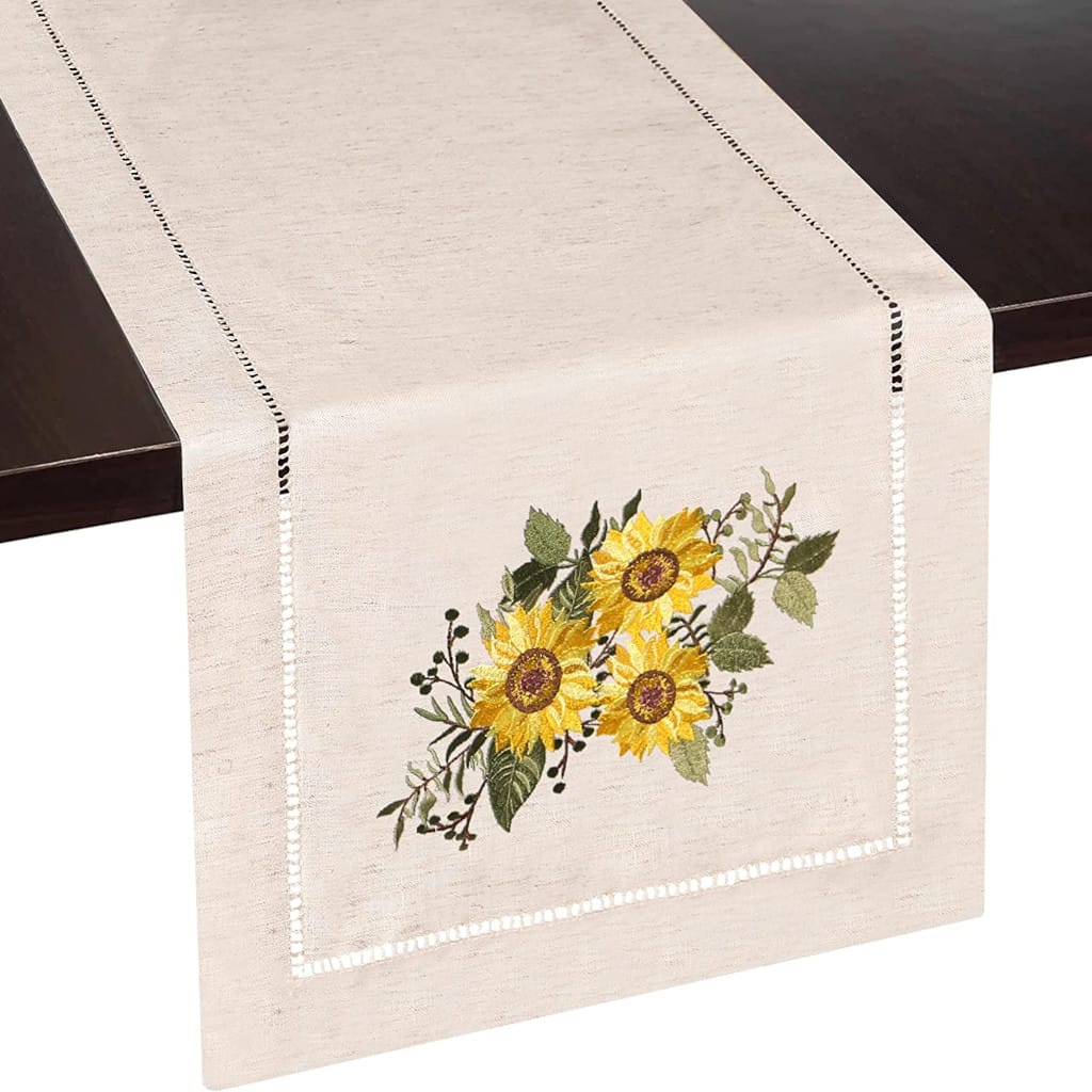 Sunflower Embroidered Hemstitch Table Runner | Natural Beige